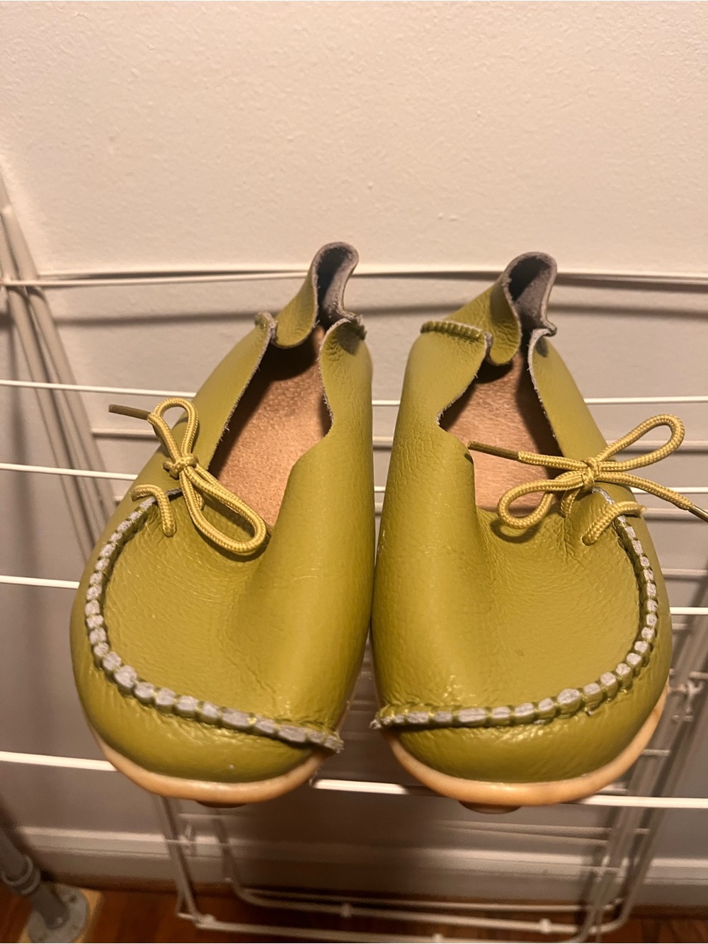 Women’s Olive Green Leather Moccasin Slip-Ons